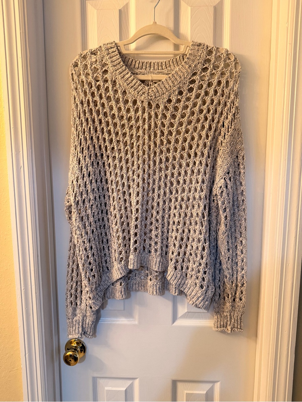 Open-Work V-Neck Sweater in Light Gray